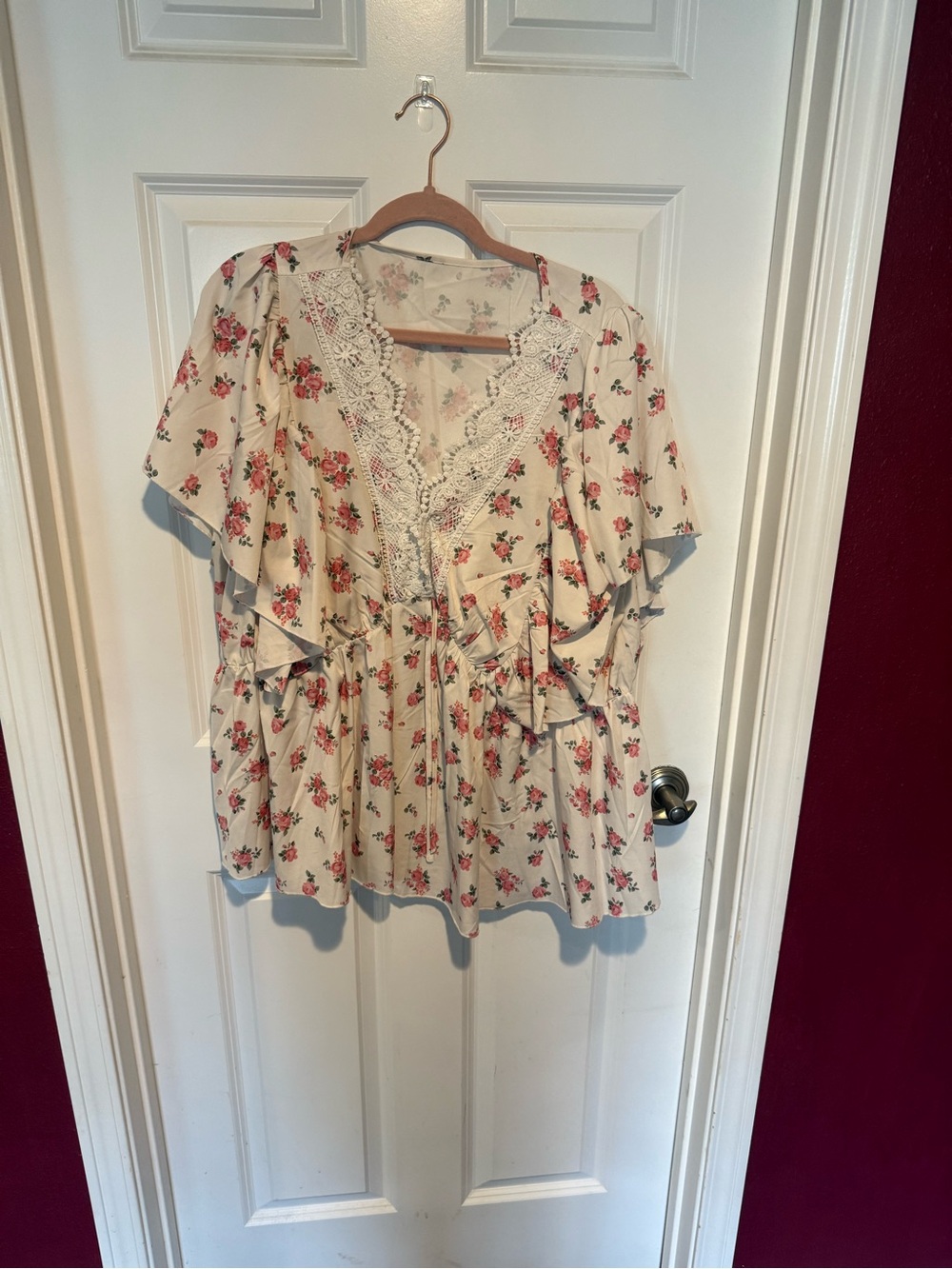 Floral Lace-Trim Cream Peasant Top with Pink Roses